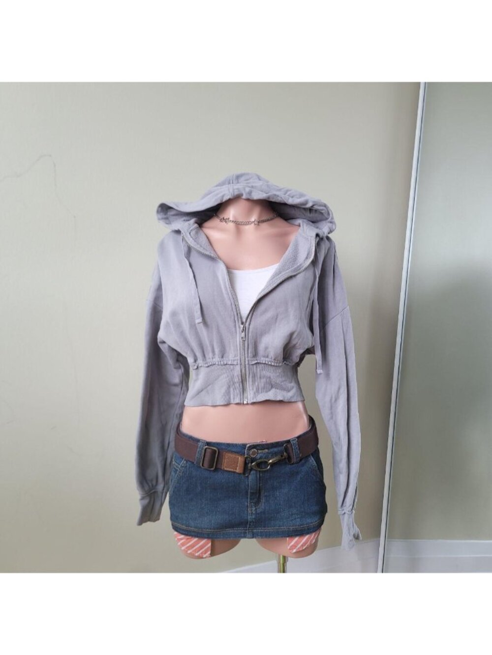 H&M Grey Lightweight Cropped Streetwear Zip Up Hoodie (S)